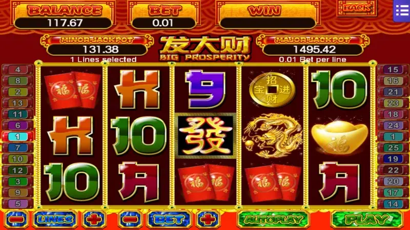 Big Prosperity reels with red packets, a 發 tile in the centre, a golden dragon, gold coin and gold ingot, 1 line at 0.01