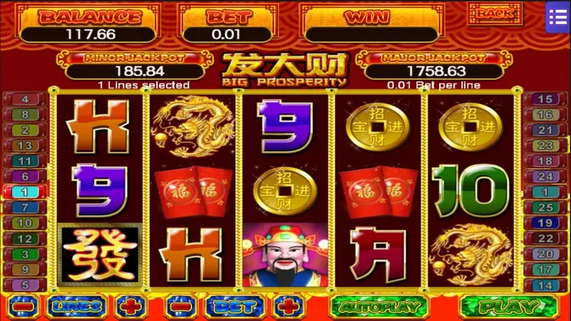 Big Prosperity with a 發 tile on reel 1, God of Wealth on reel 3, golden dragons and gold coins, PLAY button lit