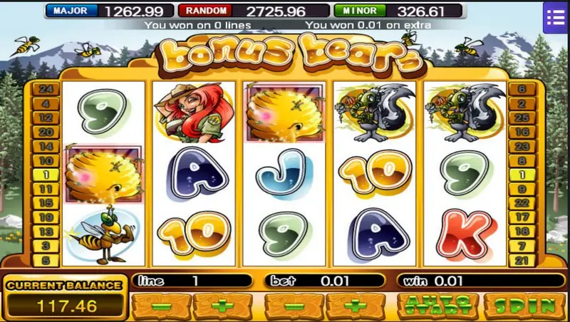 Bonus Bears with two glowing beehives on reels 1 and 3, a ranger, two skunks and a boxing bee, message 'You won 0.01 on extra'
