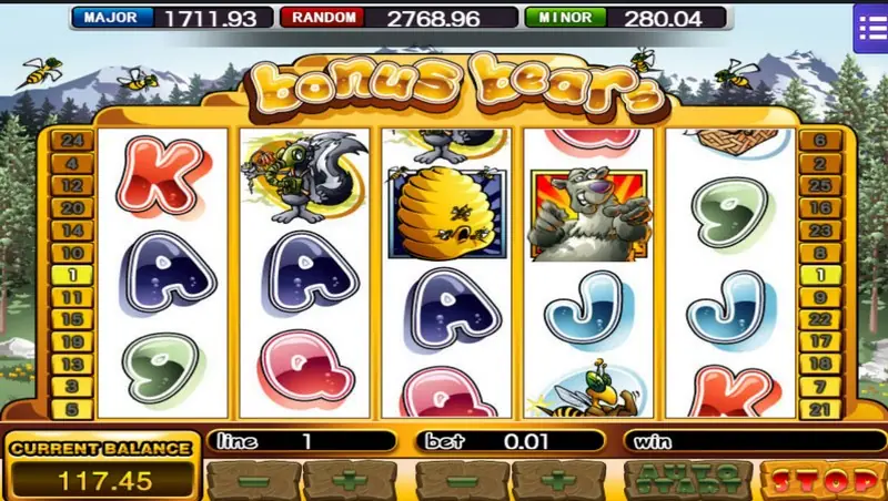 Bonus Bears reels with a skunk on reel 2, a beehive on reel 3, a grey bear on reel 4 and a STOP button, balance 117.45