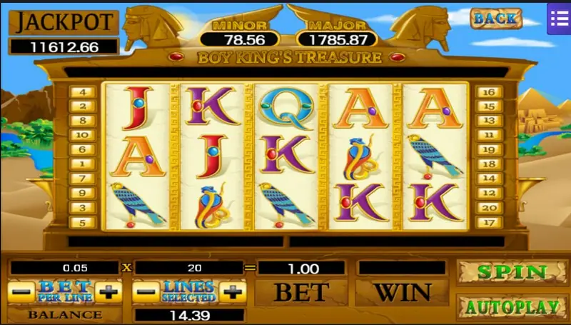 Boy King's Treasure reels under two sphinx heads with falcons, cobras and card letters, bet row 0.05 x 20 = 1.00, JACKPOT 11612.66