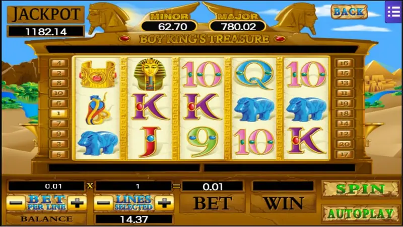 Boy King's Treasure on 1 line at 0.01, with a gold pharaoh mask, a cobra, blue hippo figurines and card letters, JACKPOT 1182.14