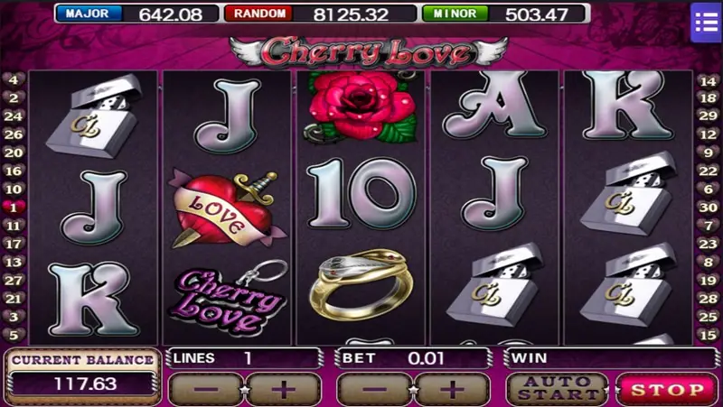 Cherry Love reels with silver CL lighters, a LOVE heart pierced by a dagger, a red rose, a gold ring and a Cherry Love keychain, lines 1 and bet 0.01