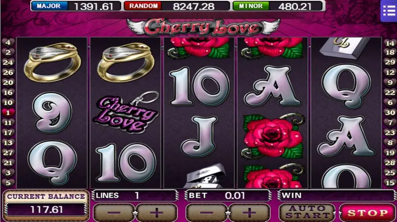 Cherry Love reels with gold rings on reels 1 and 2, roses on reel 4, a Cherry Love keychain and chrome card letters, STOP lit