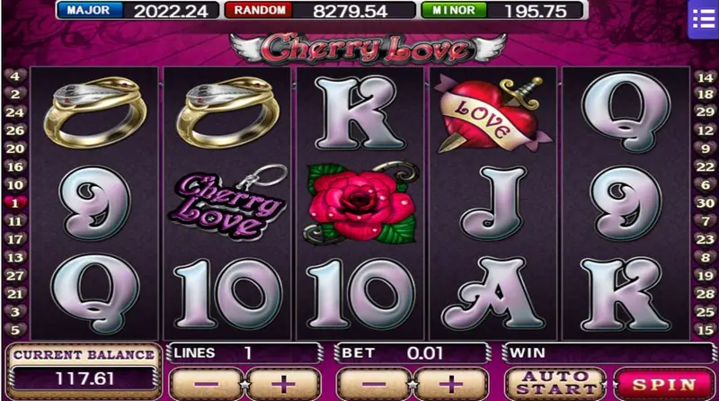 Cherry Love reels with rings, a LOVE heart, roses and a chrome 10, CURRENT BALANCE 117.61 and a SPIN button