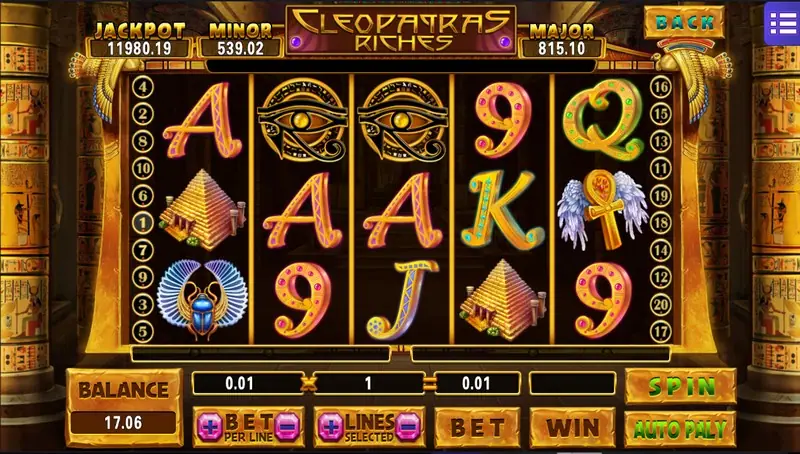 Cleopatra's Riches reels with Eye of Horus symbols, gold pyramids, a scarab, an ankh with wings and card letters, balance 17.06