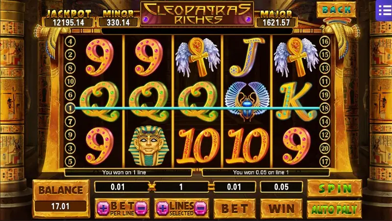 Cleopatra's Riches with a blue win line across line 1 through three gold Q symbols and a winged scarab, message 'You won 0.05 on line 1'