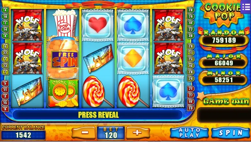 Cookie Pop reels with lollipops, popcorn boxes, a FREE SPIN jar and crisp packets, message strip reading PRESS REVEAL, BET 120