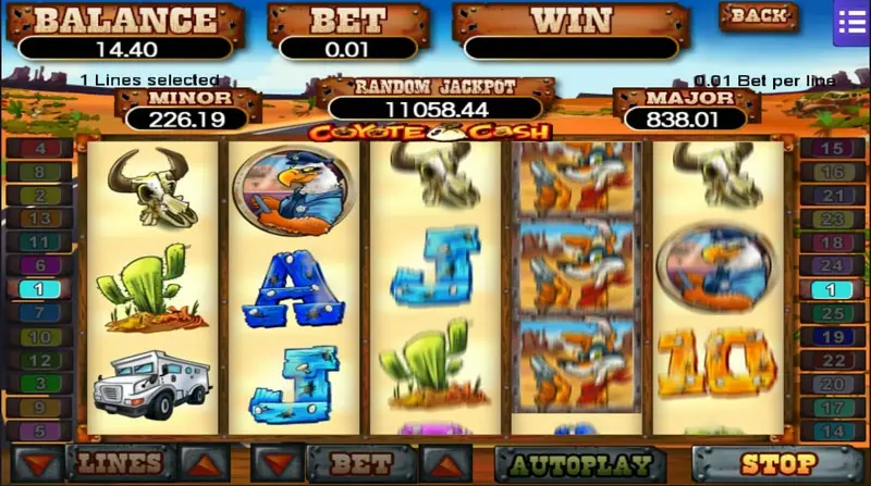 Coyote Cash with the orange coyote stacked on all three rows of reel 4, next to eagle badges, skulls and cacti, STOP button lit
