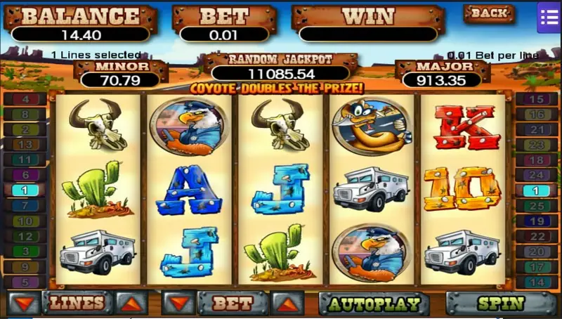 Coyote Cash reels with a cow skull, cactus, armoured truck, bullet-holed card letters and an eagle in a police cap, banner reading Coyote Doubles The Prize