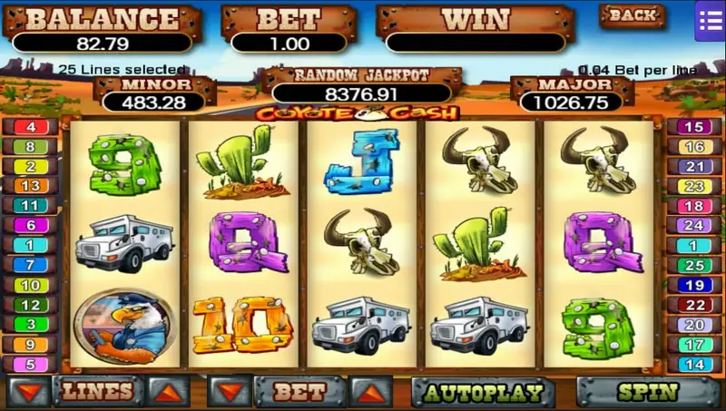 Coyote Cash at 25 lines, BET 1.00, with cow skulls, cacti, armoured trucks and an eagle badge, balance 82.79