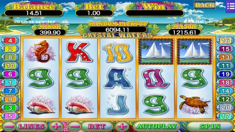 Crystal Waters at 20 lines, BET 1.00, with framed sailboat tiles on reels 4 and 5, seahorses, conch shells and a turtle