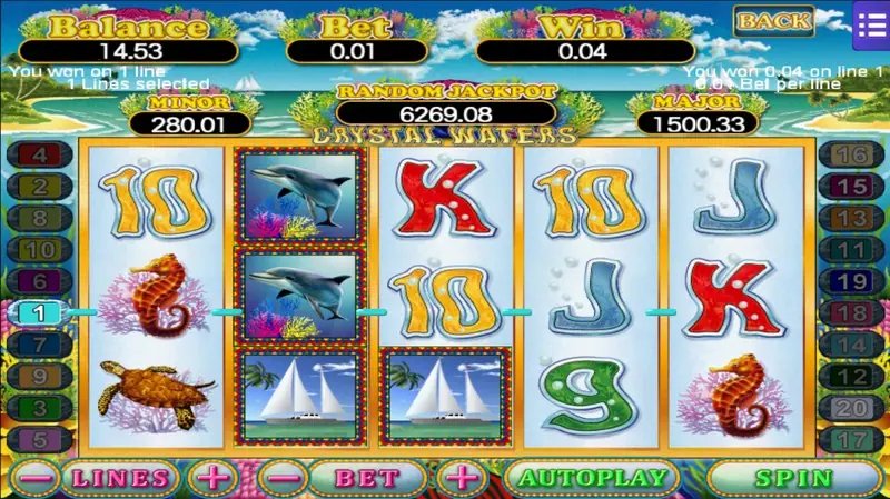 Crystal Waters with a line 1 win marked across the middle row, framed dolphin and sailboat tiles on reels 2 and 3, seahorses and a turtle, WIN 0.04