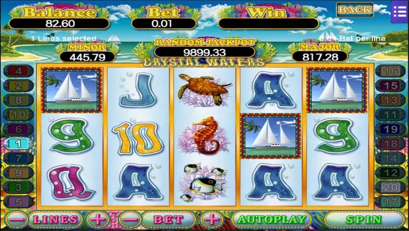 Crystal Waters with a framed sailboat on reels 1 and 5 and one in the middle of reel 4, turtles and seahorses, RANDOM JACKPOT 9899.33