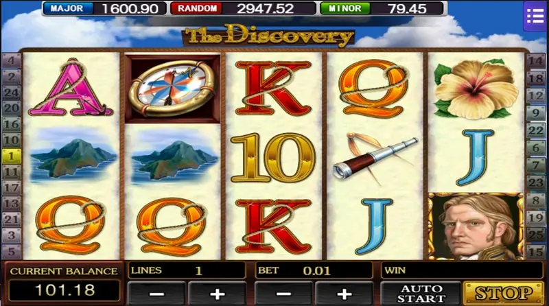 The Discovery reels on parchment with a brass compass, two green island pictures, a spyglass, a hibiscus flower and a ship captain portrait, LINES 1 and BET 0.01