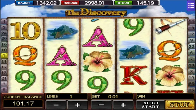 The Discovery on one line at 0.01 with the line 1 tabs lit yellow, a spyglass on reel 5 and green islands on reels 2 and 4