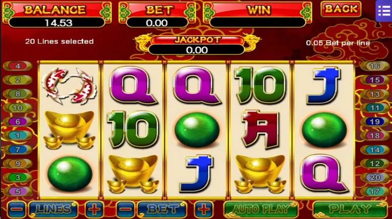 Dragon Gold slot on Mega888 with koi, gold ingot and green jade symbols on five reels, 20 lines selected and 0.05 bet per line