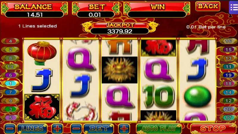 Dragon Gold reels with a gold dragon head symbol on the middle reel and a red 福 tile at the bottom of reel 1