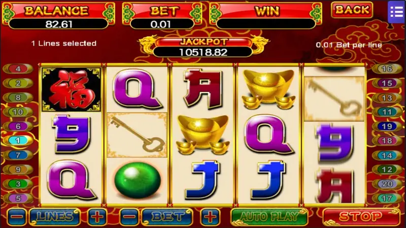 Dragon Gold with the JACKPOT counter at 10518.82 and the STOP button lit during a spin