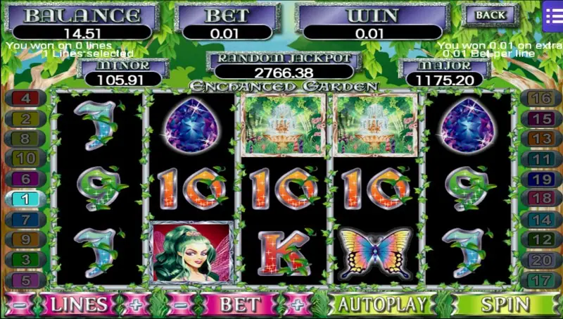 Two fountain picture tiles next to each other on reels 3 and 4, with the win message reading 0.01 on extra