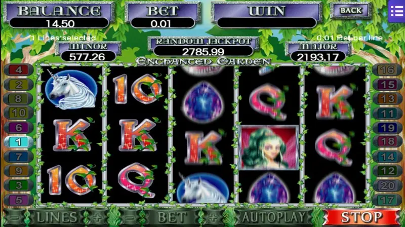 Enchanted Garden during a spin with the red STOP button showing and MINOR at 577.26