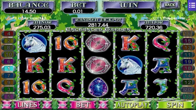 Enchanted Garden with white unicorn heads on reels 1 and 4 and pink gems across the middle row