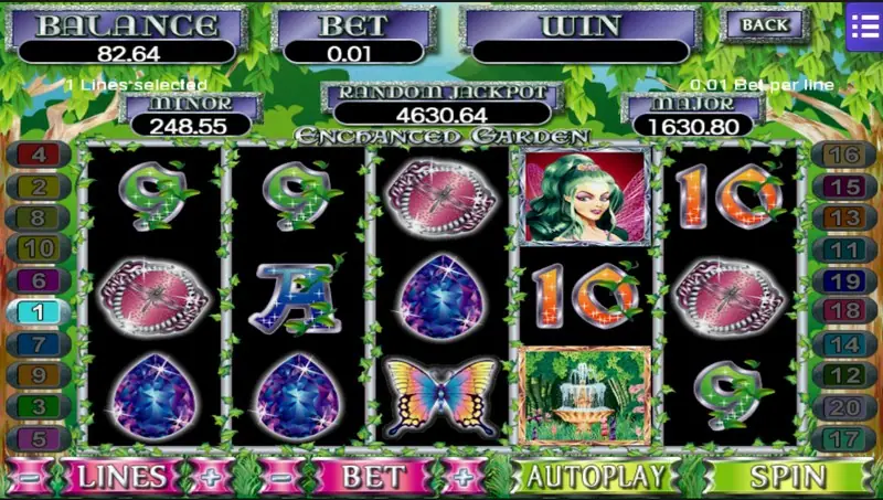 Enchanted Garden with the fairy on reel 4 and the fountain tile on reel 4 bottom row, MAJOR at 1630.80