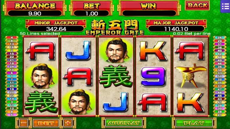 Emperor Gate reels with bearded warrior portraits in green circles, the 義 character and golden bronze wine cups