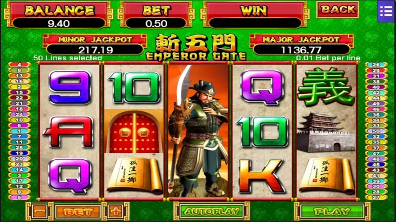 Emperor Gate slot with an armoured general holding a blade across the middle reel, surrounded by card letters and a red city gate
