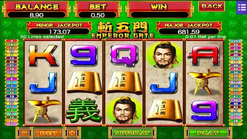 Emperor Gate spin with a stack of open-book symbols on reel 3 and a general portrait on reel 4
