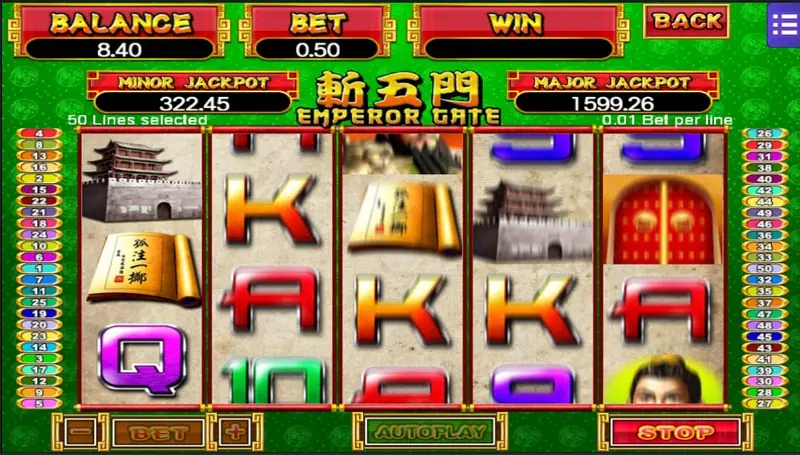 Emperor Gate with a red STOP button during a spin and MAJOR JACKPOT at 1599.26
