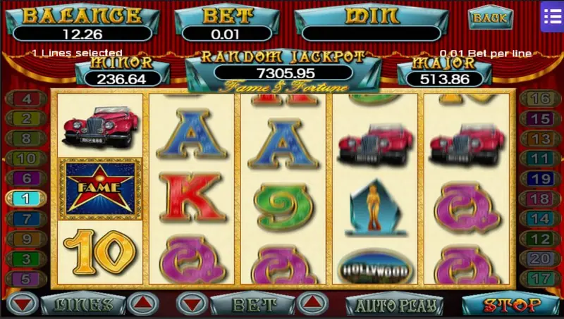 Fame and Fortune reels with a blue FAME star tile on reel 1, two red roadsters and a HOLLYWOOD badge at the bottom of reel 4