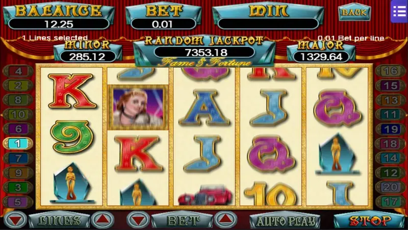 Fame and Fortune during a spin with the film star portrait on reel 2 and STOP showing
