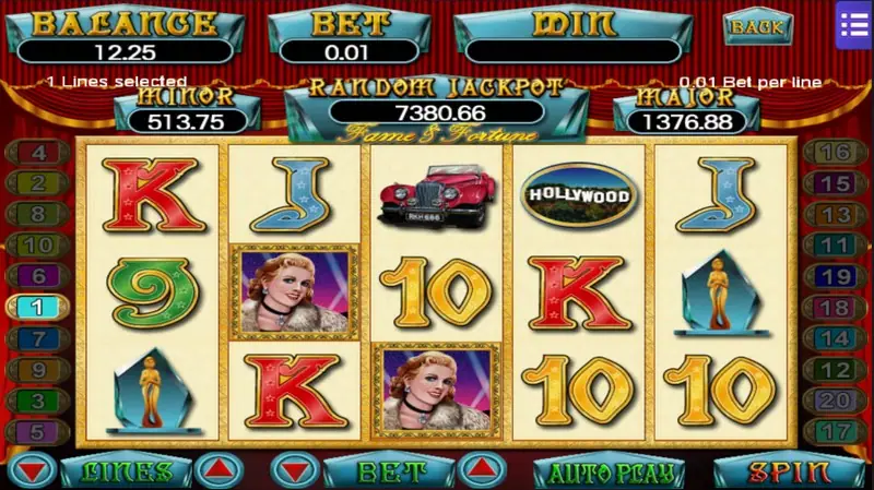 Fame and Fortune slot with a red vintage roadster, a HOLLYWOOD sign badge, a gold statuette and a blonde film star portrait on cream reels