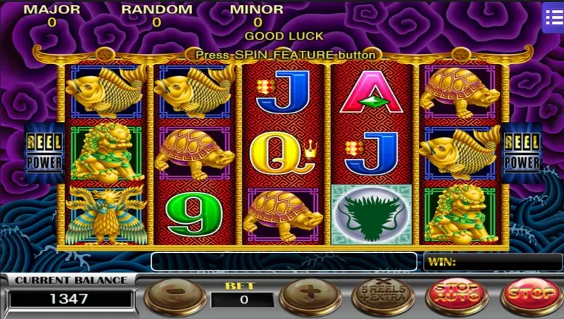 Five Dragons with a green-and-silver tile on reel 4, before the first spin