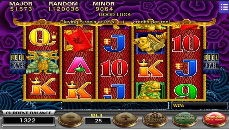 Five Dragons slot on a purple cloud background with gold koi, a phoenix, red envelopes and a gold lion, bet 25 and REEL POWER panels either side