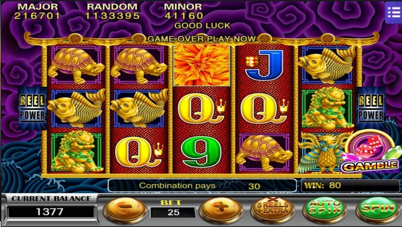 Five Dragons after a win showing 'Combination pays 30', WIN 80 and a GAMBLE button on the right