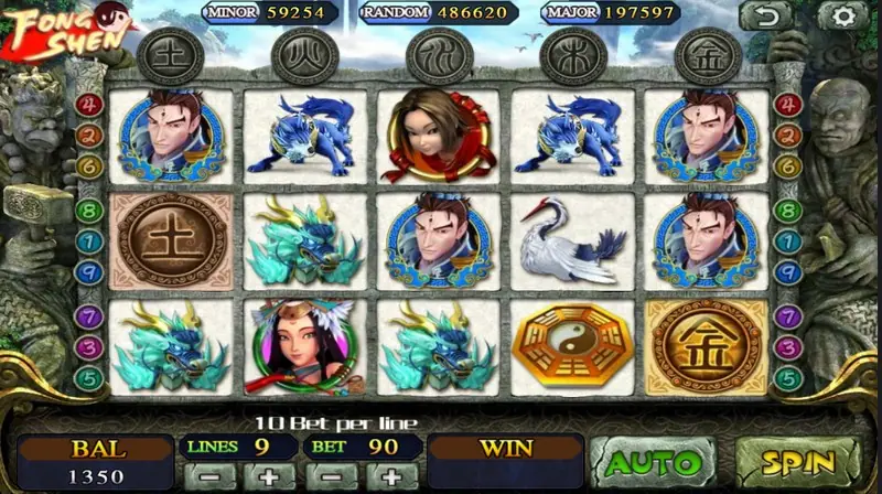 Feng Shen slot on Mega888 with hero portraits, blue qilin beasts, a white crane and a gold bagua disc, 9 lines and bet 90