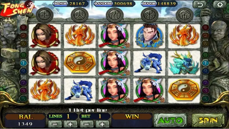 Feng Shen spin at 1 line with a red-hooded warrior woman, a phoenix, a bagua disc and a crane