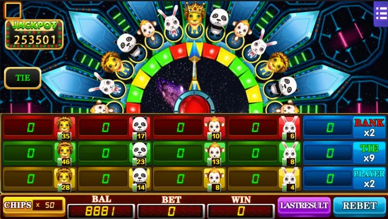 Forest Dance betting board with red, green and yellow boxes for each animal, BANK x2, TIE and PLAYER x2 on the right, and CHIPS x 50