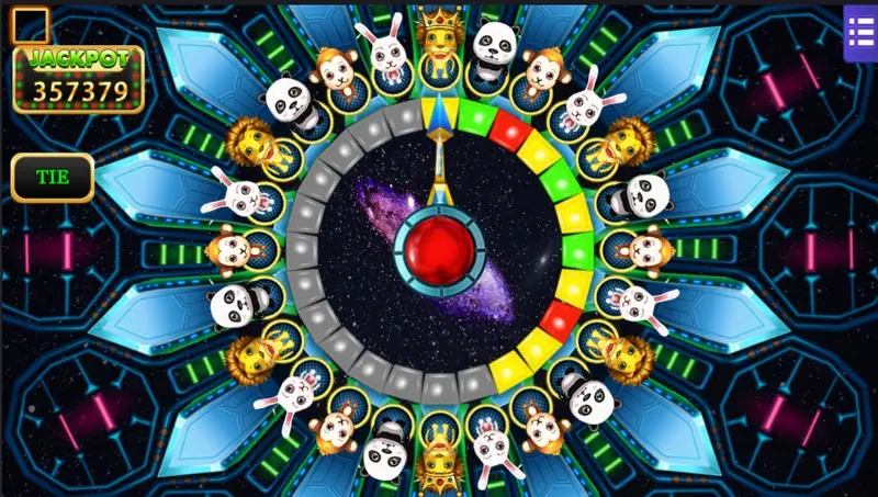 Forest Dance wheel on Mega888 with cartoon lions, pandas, monkeys and rabbits in a ring around red, green and yellow segments, jackpot 357379