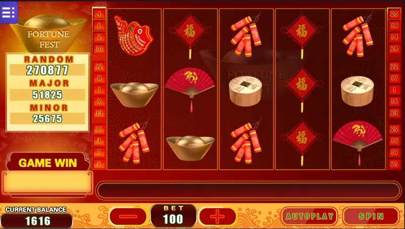 Fortune Fest base game with firecrackers, red fans, 福 knots and gold ingots, RANDOM 270877, bet 100