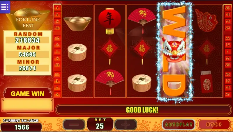 Fortune Fest slot with a lion-dance WILD covering reel 5, red lanterns, firecrackers and gold ingots, bet 25