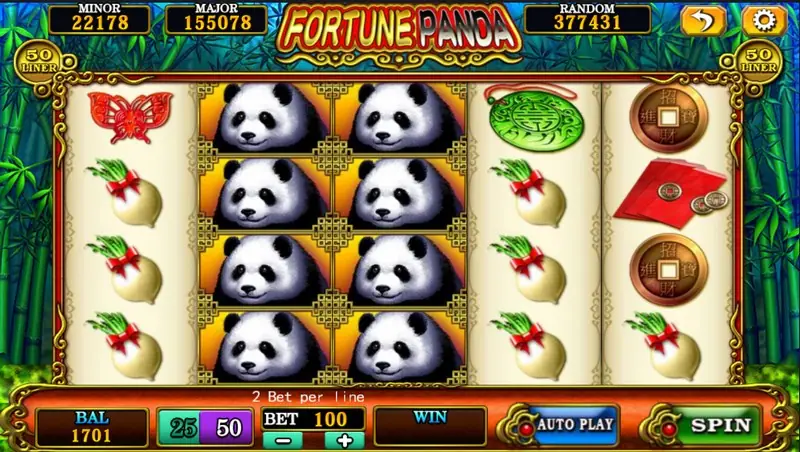 Fortune Panda slot with pandas stacked on reels 2 and 3, bamboo frame, MINOR, MAJOR and RANDOM counters at the top, bet 100