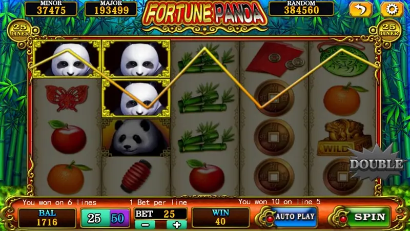 Fortune Panda after a winning spin, a yellow line joining pandas across reels 1 to 3, WILD on reel 5 and a DOUBLE button, WIN 40