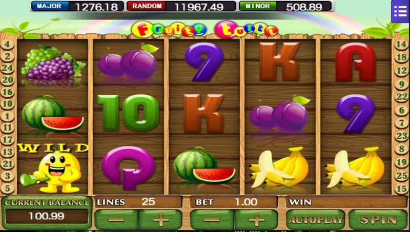 Fruity Tutti slot with grapes, watermelon, plums and bananas on wooden reels, a smiling yellow WILD character on reel 1, 25 lines and bet 1.00