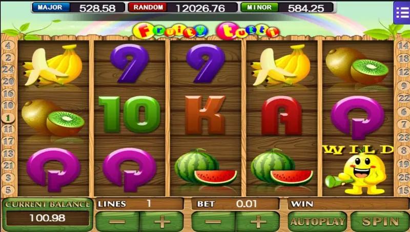 Fruity Tutti with the WILD character on reel 5 and two bananas on reel 4, 1 line at 0.01