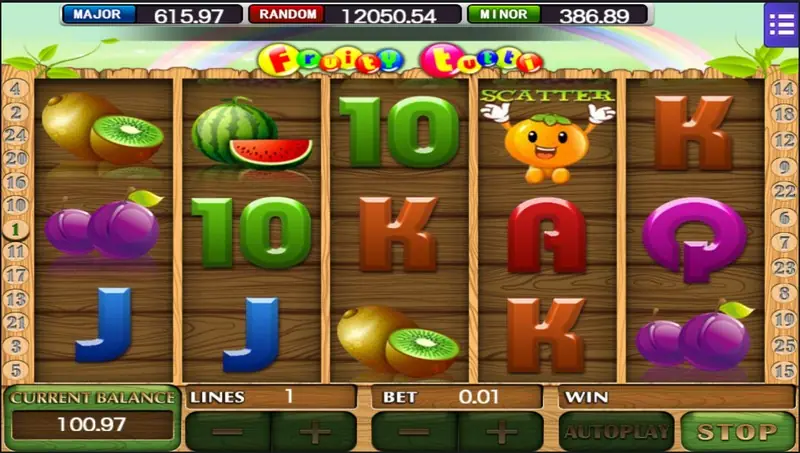 Fruity Tutti with the orange SCATTER character at the top of reel 4