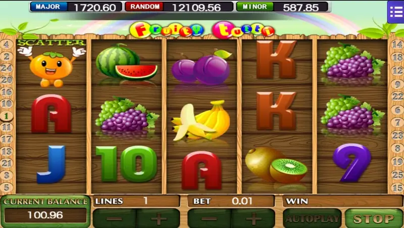 Fruity Tutti mid-spin with SCATTER on reel 1 and STOP lit, balance 100.96