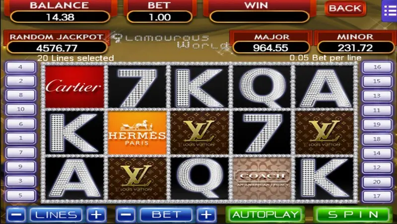 Glamorous World slot with diamond-studded 7, K, Q and A letters and brown and orange luxury logo tiles, 20 lines at 0.05